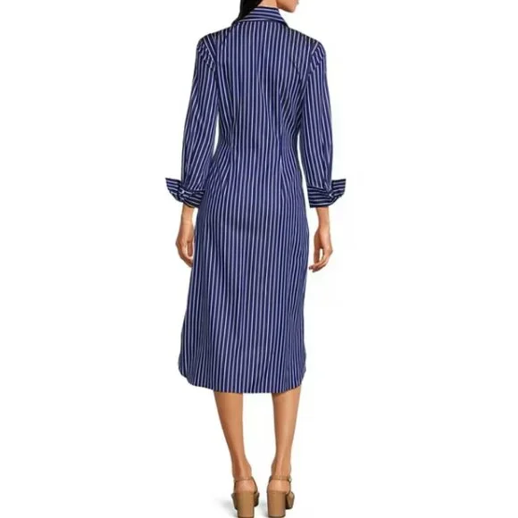 J.McLaughlin Orla Stripe Long Sleeve Tie Waist Button Front Midi Shirt Dress - Picture 3 of 9